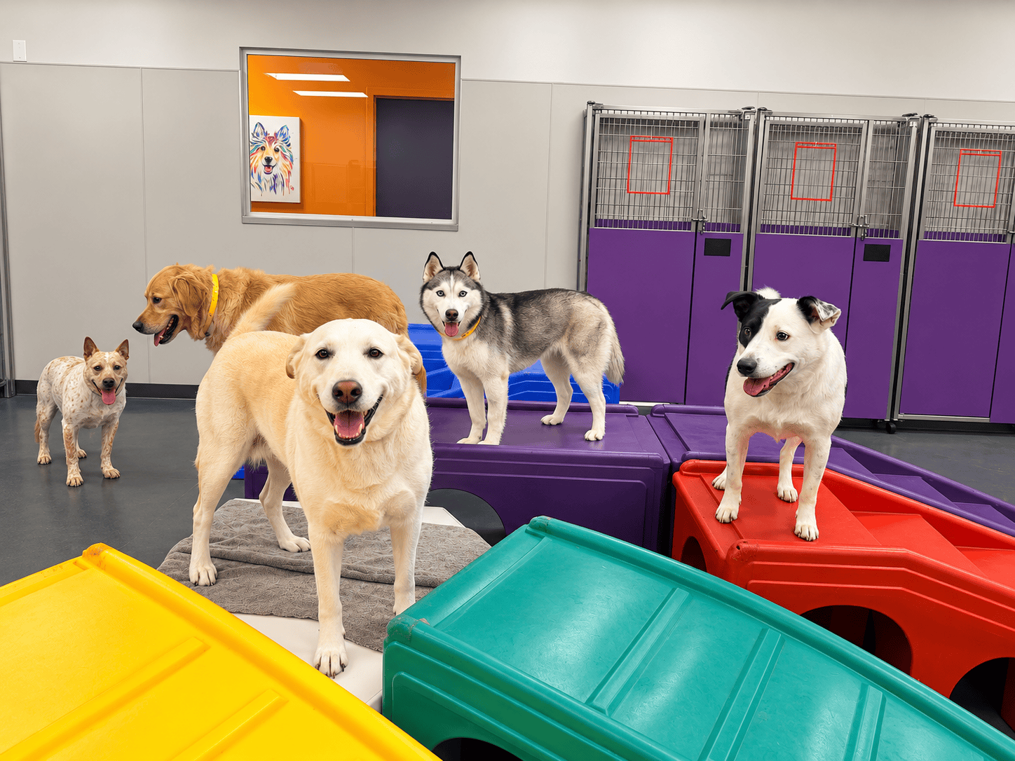 Happy dogs playing at Zuri Pet Spa's indoor pet play area.