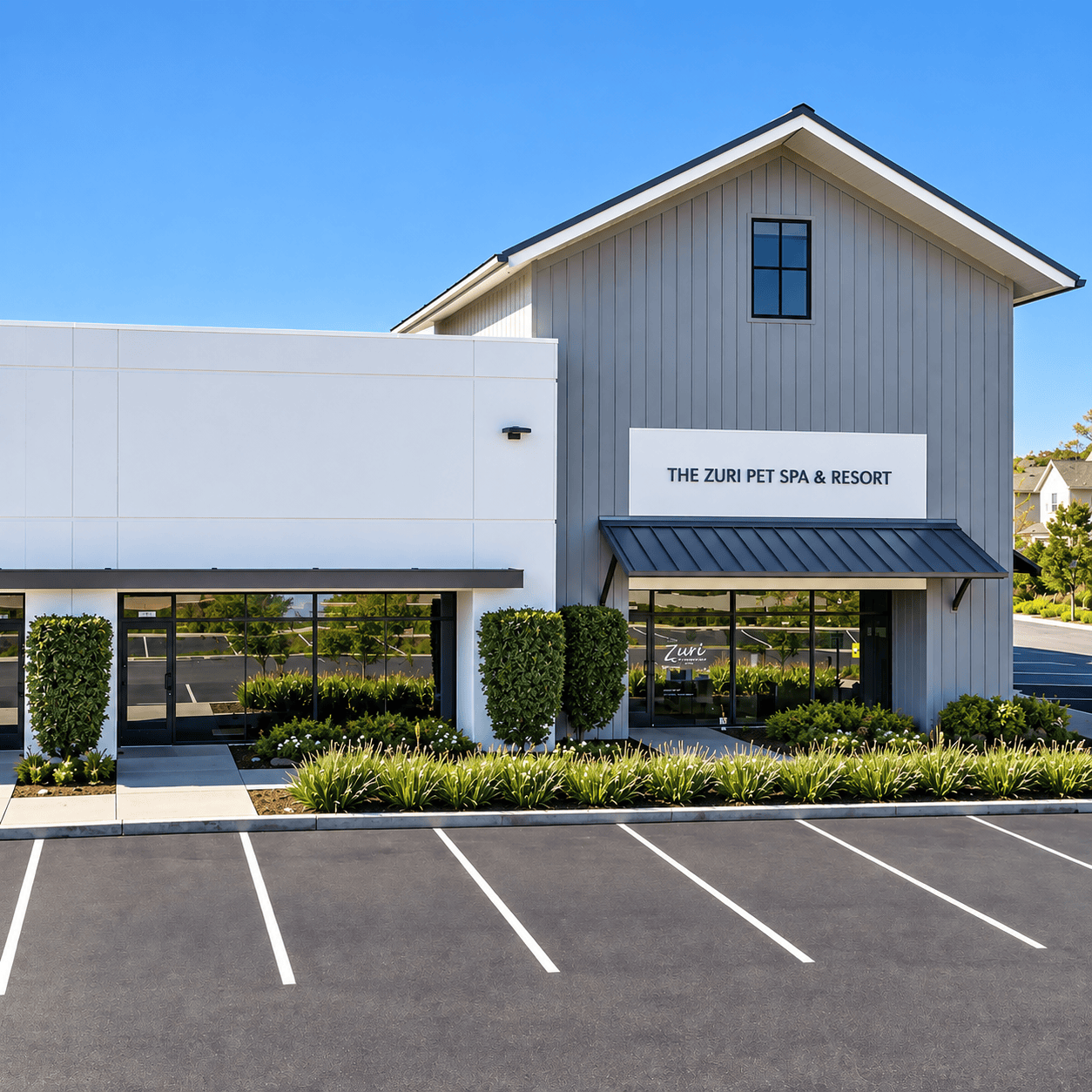 Exterior of Zuri Pet Spa with parking lot and landscaping.